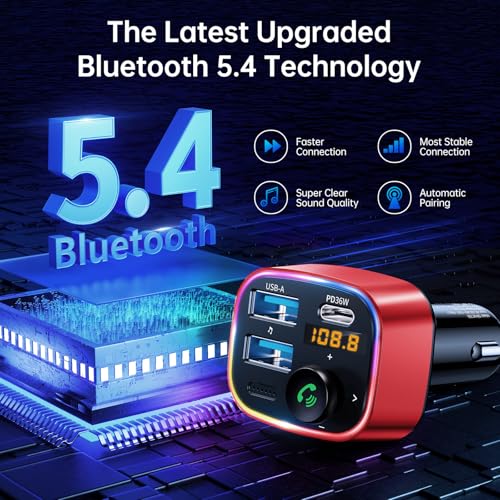 Syncwire Bluetooth 5.4 FM Transmitter Car Adapter 48W (PD 36W & 12W) [Light Switch] [Hi-Fi Deep Bass] [Fast Charge] Wireless Radio Music Adapter LED Display Hands-Free Calling Support USB Drive, Red - Image 2