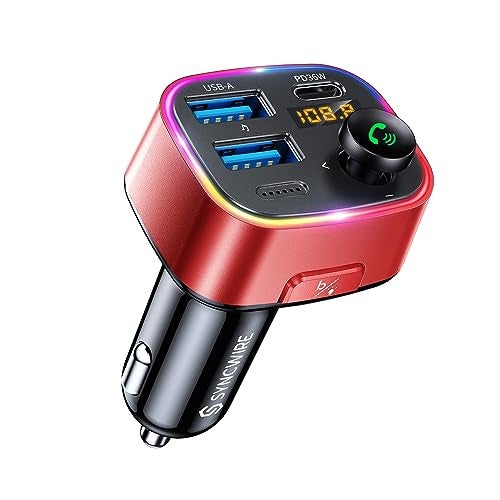 Syncwire Bluetooth 5.4 FM Transmitter Car Adapter 48W (PD 36W & 12W) [Light Switch] [Hi-Fi Deep Bass] [Fast Charge] Wireless Radio Music Adapter LED Display Hands-Free Calling Support USB Drive, Red - Image 1