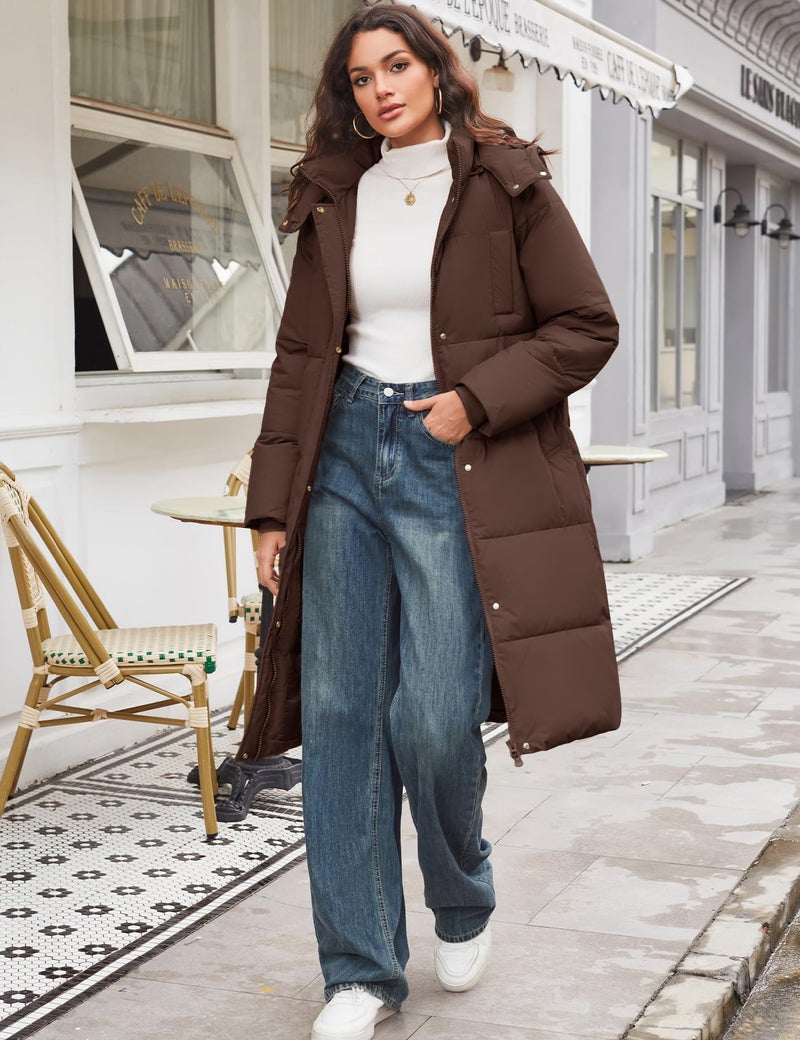 Flygo Long Winter Coats for Women Hooded Puffer Coat Jackets Thickened Midi Long Sleeve Zip Down Parka Outerwear(CocoaBrown-M) - Image 4