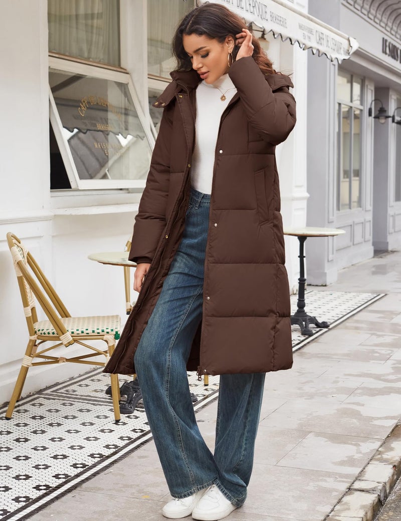 Flygo Long Winter Coats for Women Hooded Puffer Coat Jackets Thickened Midi Long Sleeve Zip Down Parka Outerwear(CocoaBrown-M) - Image 3
