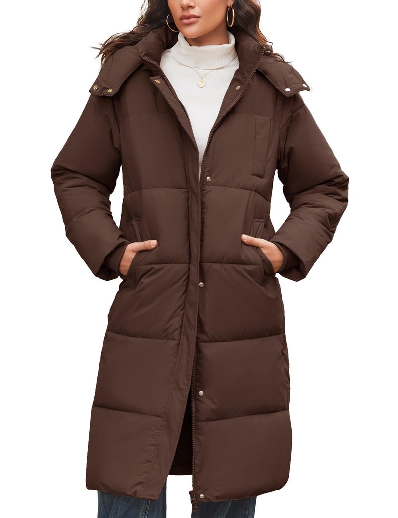 Flygo Long Winter Coats for Women Hooded Puffer Coat Jackets Thickened Midi Long Sleeve Zip Down Parka Outerwear(CocoaBrown-M) - Image 1