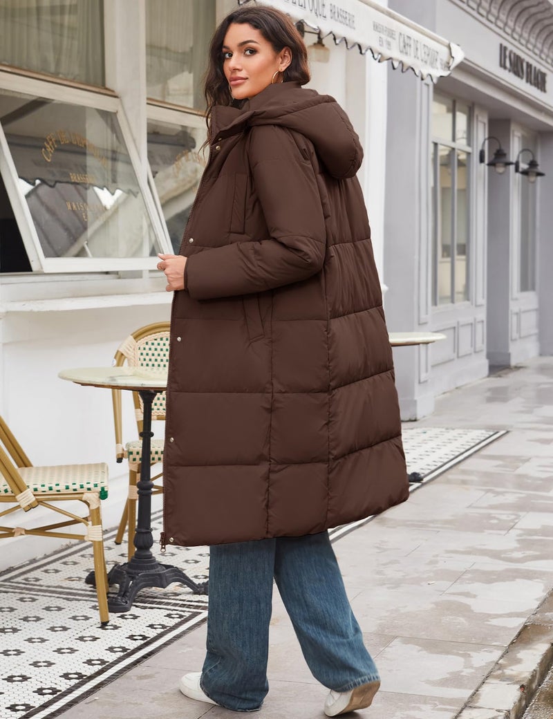 Flygo Long Winter Coats for Women Hooded Puffer Coat Jackets Thickened Midi Long Sleeve Zip Down Parka Outerwear(CocoaBrown-M) - Image 5