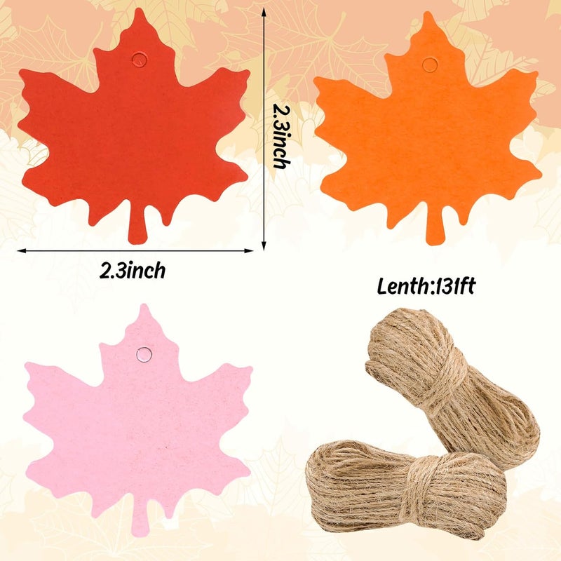 Whaline 150Pcs Fall Thanksgiving Maple Leaf Paper Gift Tags Orange Red-Brown Pink Hanging Blank Labels with Hemp Rope for Autumn Harvest Party DIY Crafts Supplies - Image 2