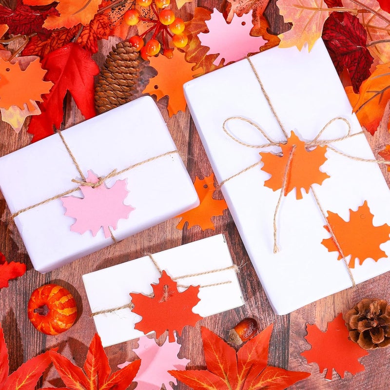 Whaline 150Pcs Fall Thanksgiving Maple Leaf Paper Gift Tags Orange Red-Brown Pink Hanging Blank Labels with Hemp Rope for Autumn Harvest Party DIY Crafts Supplies - Image 3
