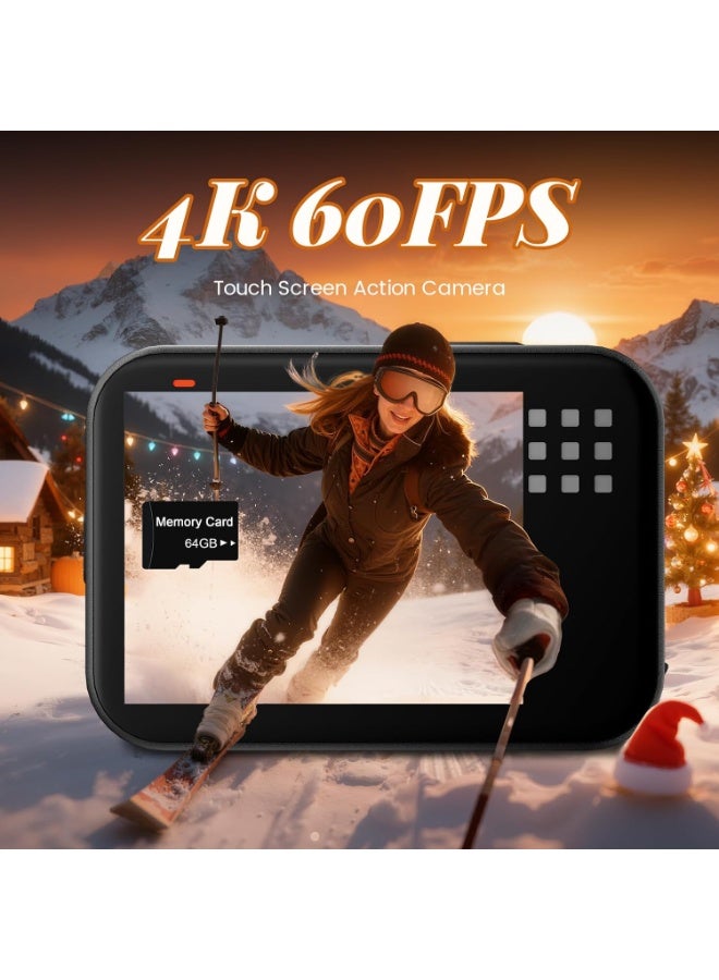 كاميرا تصوير حركة مقاومة للماء بدقة 4K و60 إطاراً – كاميرا رياضية 48 ميجابكسل مع بطاقة 64 جيجابايت، مقاومة للماء بدون غلاف حتى 15 متراً، تثبيت سداسي المحاور، وشاشة لمس - Image 2