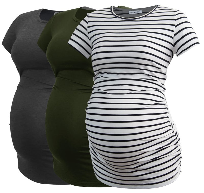 Smallshow Women's Maternity Shirt Side Ruched Tunic Pregnancy Top Clothes 3-Pack Dim Grey/Army Green/White Stripe Small
