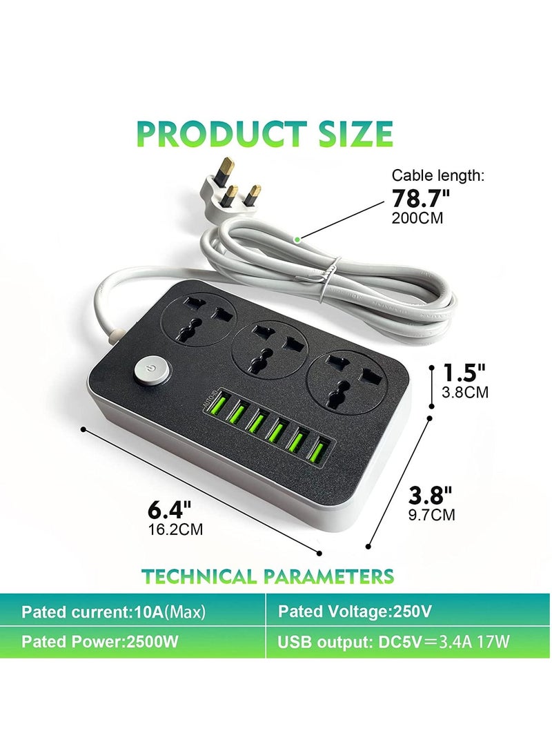 Power Strips Extension Cord 3 Outlets, Power Socket with 6 USB Ports Universal Charging Socket with 2M Bold Extension Cord - Image 4