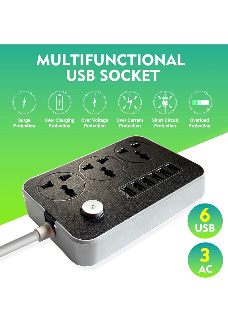 Power Strips Extension Cord 3 Outlets, Power Socket with 6 USB Ports Universal Charging Socket with 2M Bold Extension Cord - Image 2