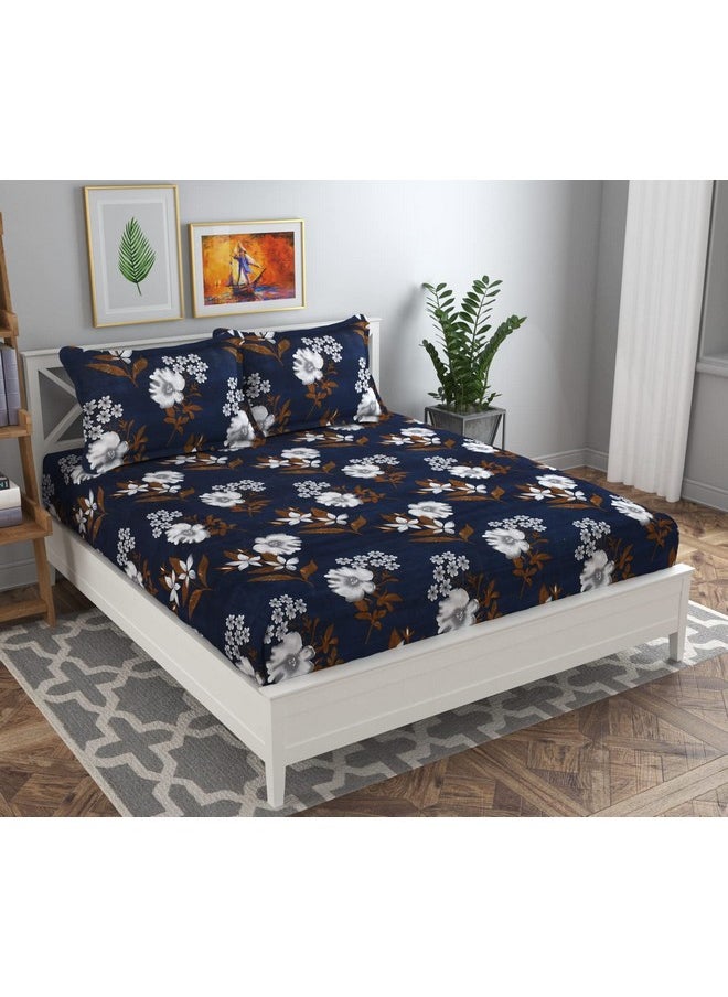 BSB HOME BSB HOME 100% Microfiber Flat Double Bedsheets with 2 Pillow Covers | Double Bed Breathable | Wrinklefree | Ultrasoft 144 TC Supersoft |88" x 88" or 225x228 cm, 7 x 7 Feet | Navy Blue White Flower  - Image 1