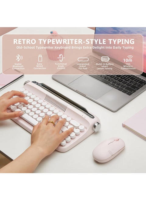 YUNZII Upgraded Wireless Keyboard, Retro Keyboard Typewriter Style with Integrated Stand, USB-C/Bluetooth Keyboard with Cute Round Keycaps for Multi Device for Win/Mac (B307, Baby Pink)