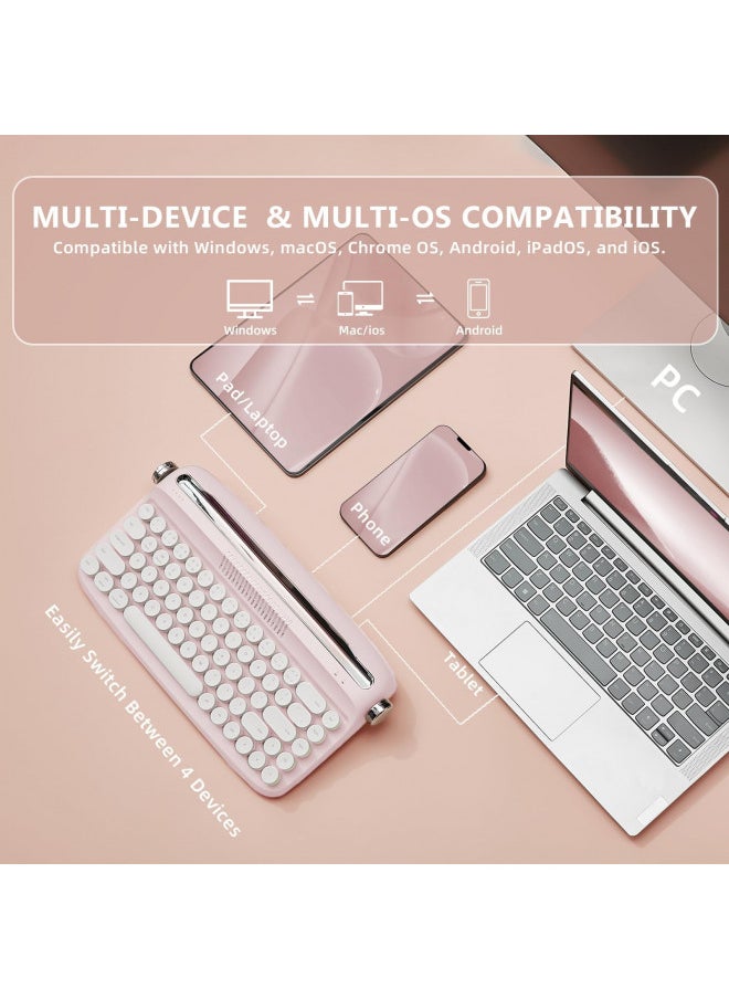 YUNZII Upgraded Wireless Keyboard, Retro Keyboard Typewriter Style with Integrated Stand, USB-C/Bluetooth Keyboard with Cute Round Keycaps for Multi Device for Win/Mac (B307, Baby Pink)