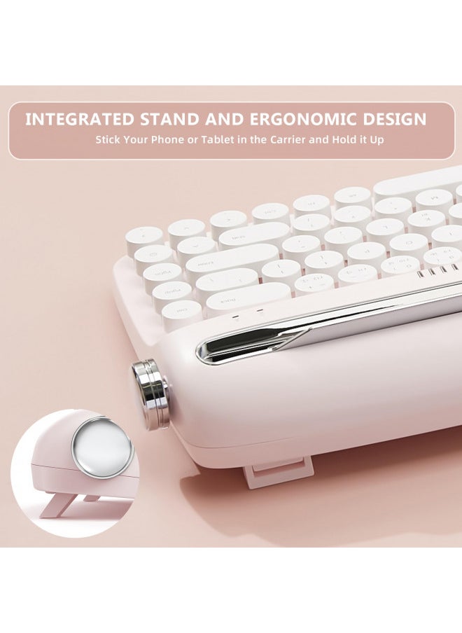 YUNZII Upgraded Wireless Keyboard, Retro Keyboard Typewriter Style with Integrated Stand, USB-C/Bluetooth Keyboard with Cute Round Keycaps for Multi Device for Win/Mac (B307, Baby Pink)
