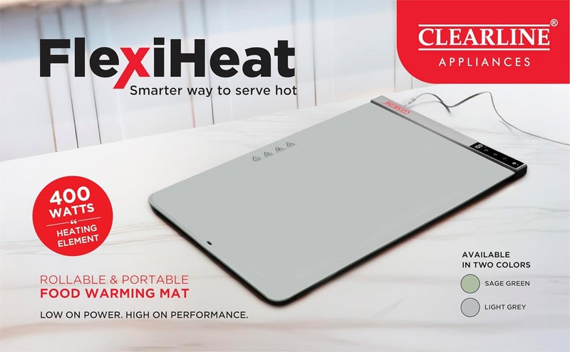 Clearline FlexiHeat 400W Food Warming Mat | Rollable & Portable Buffet Food Warmer | Digital Temperature Control (40°C–100°C) | 6-Hour Timer | Safe Silicone Surface | Sage Green/Light Grey - Image 3