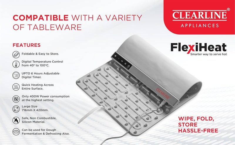 Clearline FlexiHeat 400W Food Warming Mat | Rollable & Portable Buffet Food Warmer | Digital Temperature Control (40°C–100°C) | 6-Hour Timer | Safe Silicone Surface | Sage Green/Light Grey - Image 4