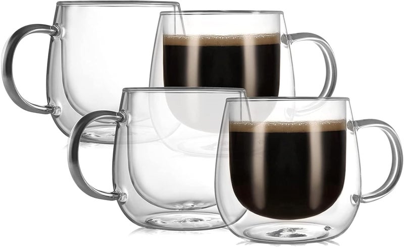 CnGlass 12oz Double Walled Glass Coffee Mugs(4-pack),Large Clear Coffee Cups with Handle,Glass Espresso Mugs for Latte,Cappuccino - Image 1