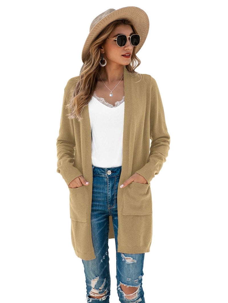 TASAMO Women's Loose Open Front Long Sleeve Solid Color Knit Cardigans Sweater Blouses with Packets (X-Large,Khaki) - Image 5