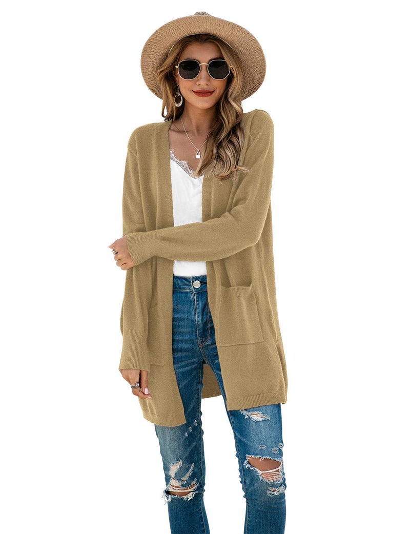 TASAMO Women's Loose Open Front Long Sleeve Solid Color Knit Cardigans Sweater Blouses with Packets (X-Large,Khaki) - Image 4