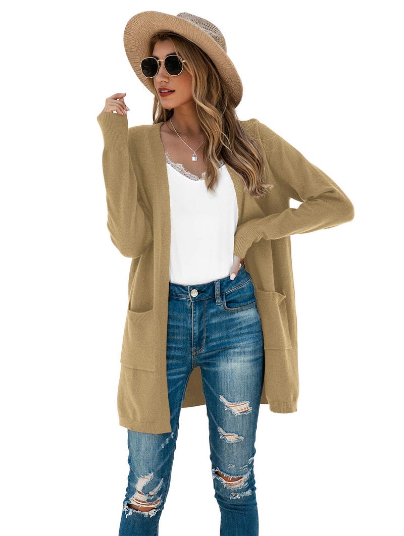 TASAMO Women's Loose Open Front Long Sleeve Solid Color Knit Cardigans Sweater Blouses with Packets (X-Large,Khaki) - Image 3