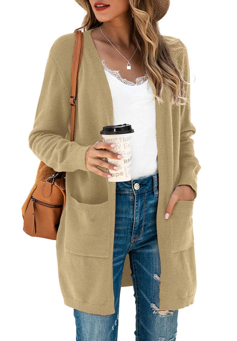 TASAMO Women's Loose Open Front Long Sleeve Solid Color Knit Cardigans Sweater Blouses with Packets (X-Large,Khaki) - Image 1