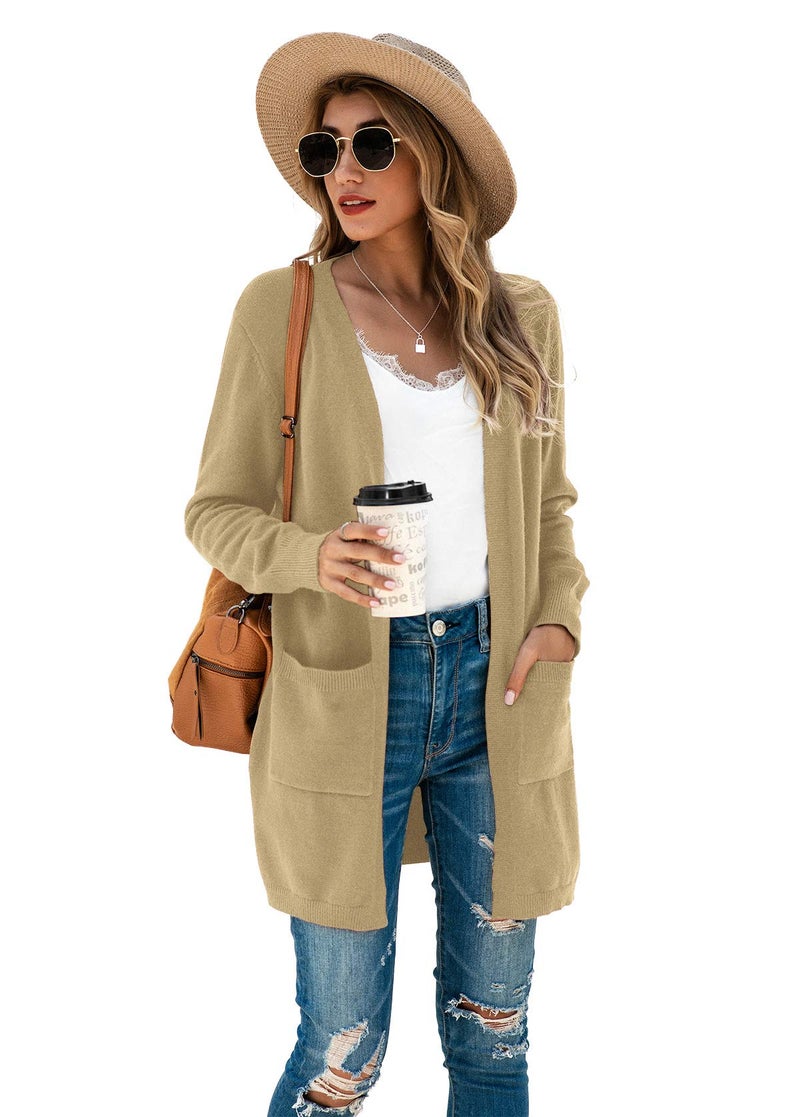 TASAMO Women's Loose Open Front Long Sleeve Solid Color Knit Cardigans Sweater Blouses with Packets (X-Large,Khaki) - Image 2