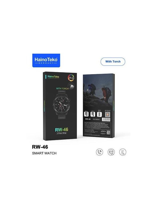 Haino Teko AMOLED smart watch with TORCH, RW-46 including 3 Pairs Strap - Black - Image 4