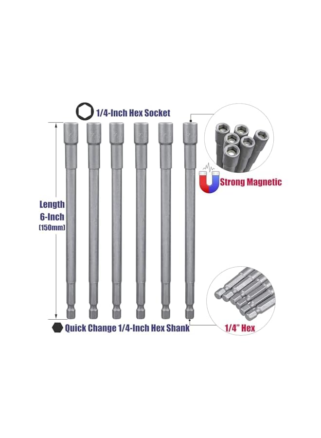 promass 6Pcs Long Impact Nut Driver Set - Magnetic Nut Setter Driver Bits 1/4" Hex Shank to 1/4" Hex Socket Drill Bit Extension for Impact Drivers and Drills, 6-Inch Length - Image 5