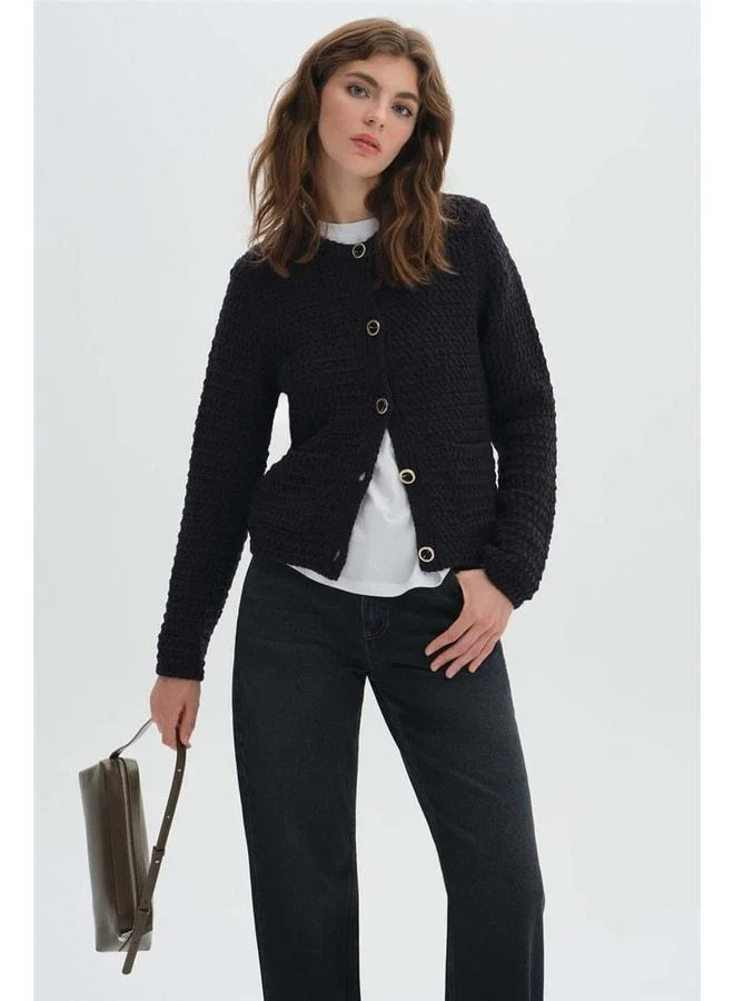 Sherin Navy Blue Button-Detail Knit Cardigan.