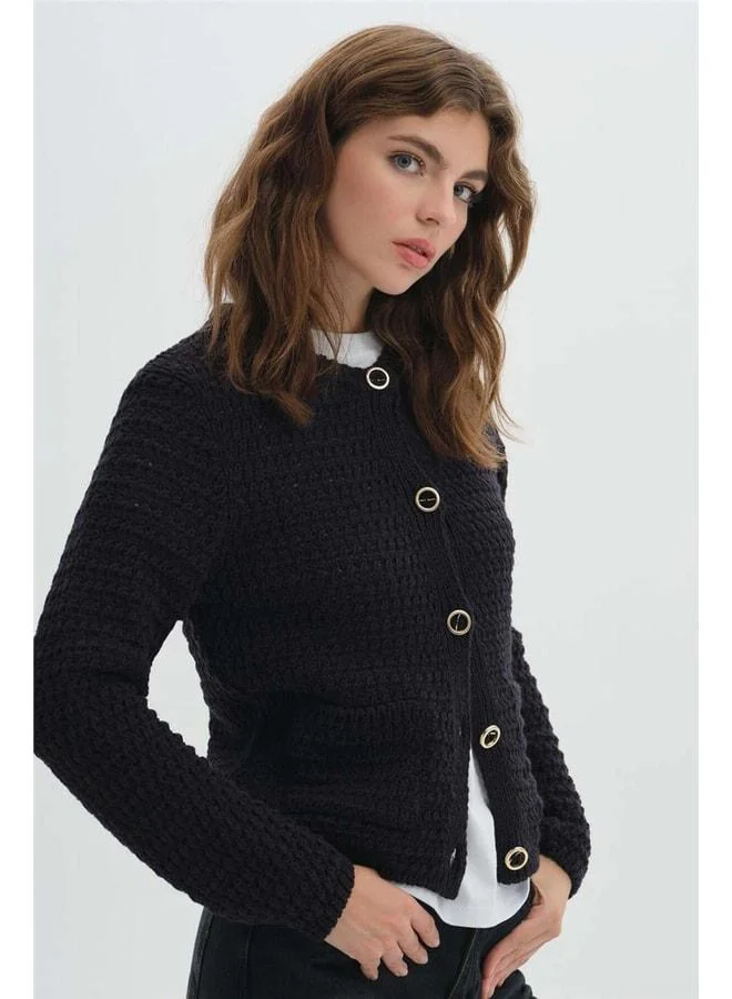 Sherin Navy Blue Button-Detail Knit Cardigan.