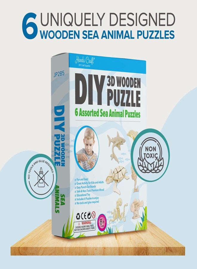 Hands Craft DIY 3D Wooden Puzzle – 6 Assorted Sea Animals Bundle Pack Set Brain Teaser Puzzles Educational STEM Toy Adults and Kids to Build Safe and Non-Toxic Easy Punch Out Premium Wood JP2B5 - Image 2