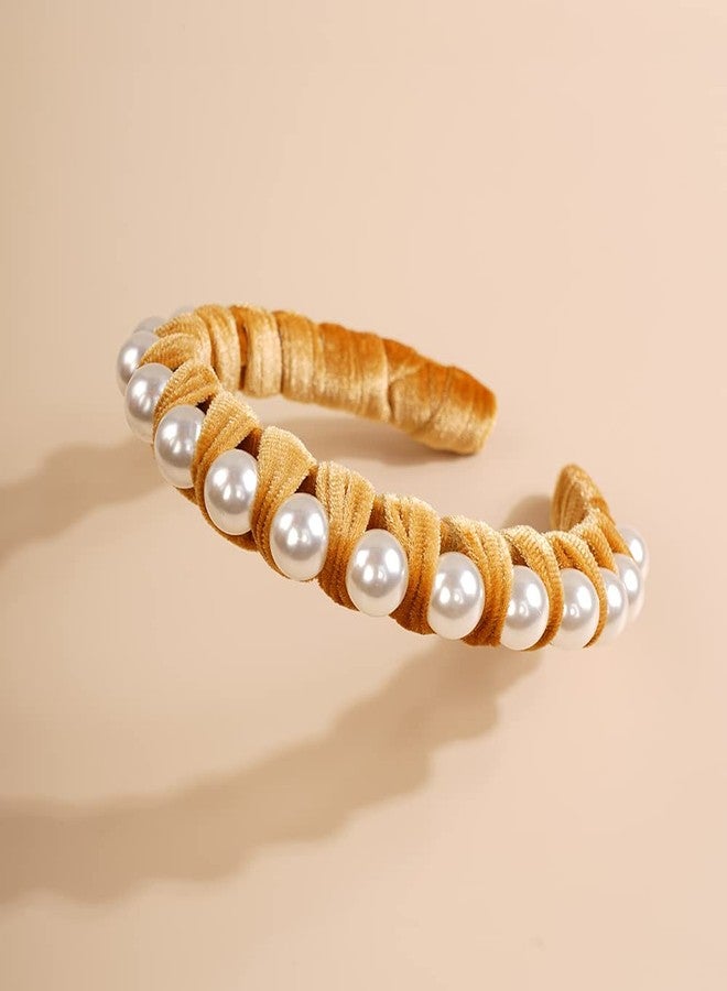 Wiwpar Pearl Headbands Velvet Hair Hoop with Pearls Elegant Pearl Head Band No Slip Fashion Hair Accessories for Women Girls (Yellow) - Image 4