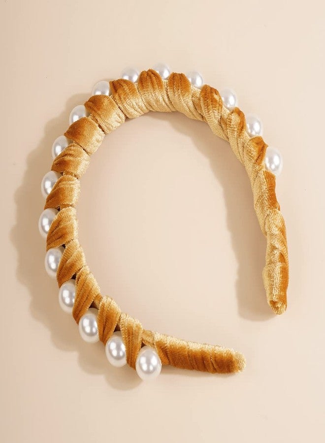 Wiwpar Pearl Headbands Velvet Hair Hoop with Pearls Elegant Pearl Head Band No Slip Fashion Hair Accessories for Women Girls (Yellow) - Image 3
