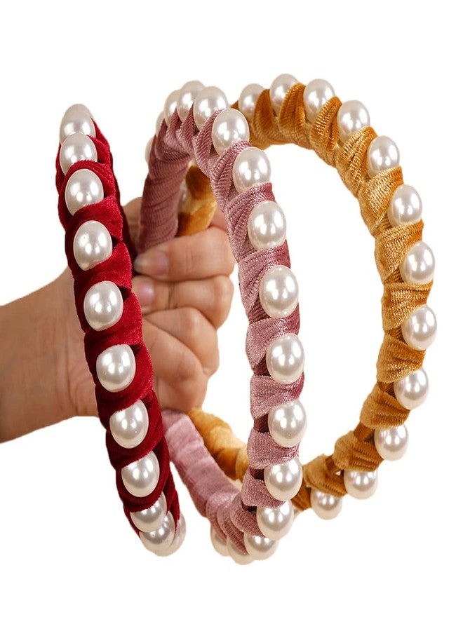Wiwpar Pearl Headbands Velvet Hair Hoop with Pearls Elegant Pearl Head Band No Slip Fashion Hair Accessories for Women Girls (Yellow) - Image 1