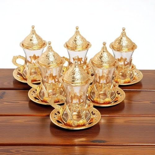 Alisveristime (Set of 6 Handmade Turkish Tea Water Zamzam Serving Set Glasses Saucer and Spoon (Gold) - Image 3