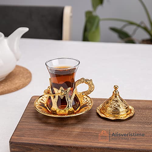 Alisveristime (Set of 6 Handmade Turkish Tea Water Zamzam Serving Set Glasses Saucer and Spoon (Gold) - Image 2