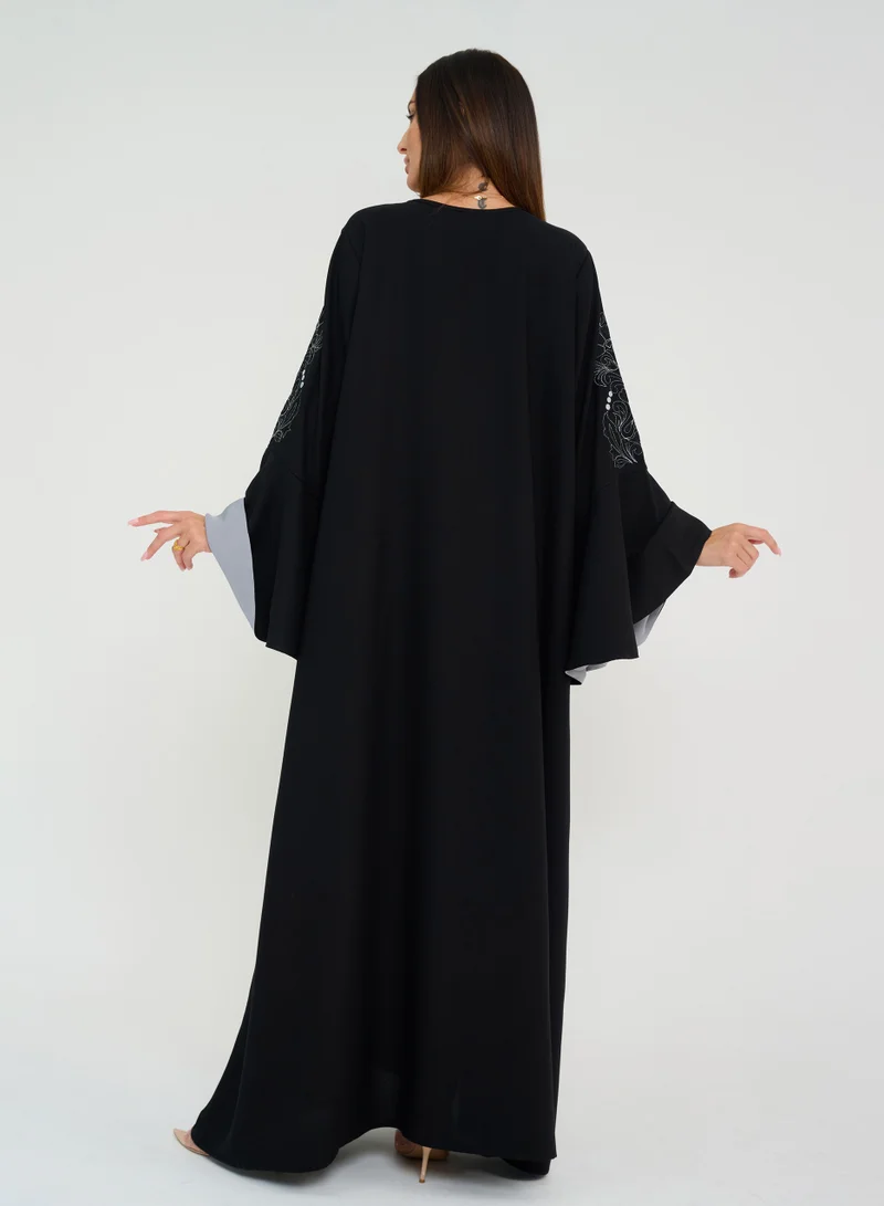 Rosette Abaya French cut Abaya with Flowing sleeves with embroidery