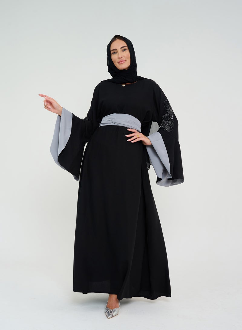 Rosette Abaya French cut Abaya with Flowing sleeves with embroidery  - Image 2
