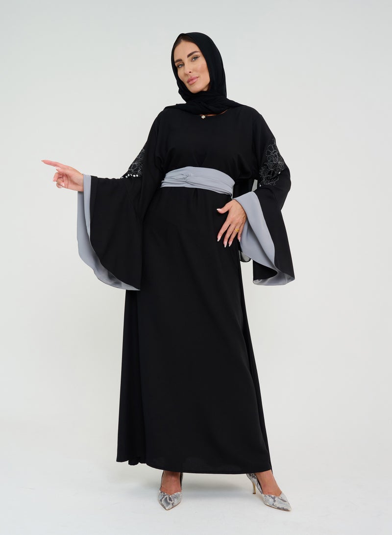 Rosette Abaya French cut Abaya with Flowing sleeves with embroidery  - Image 4