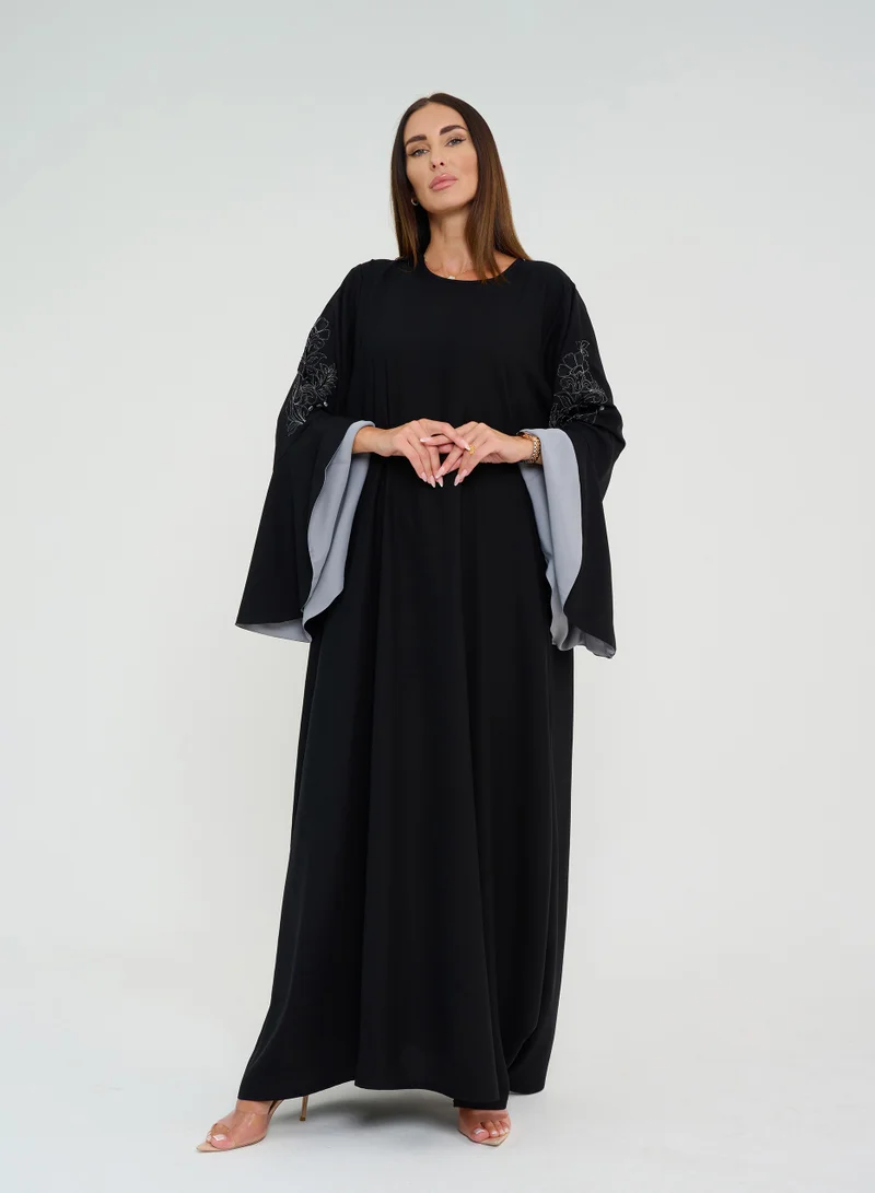 Rosette Abaya French cut Abaya with Flowing sleeves with embroidery