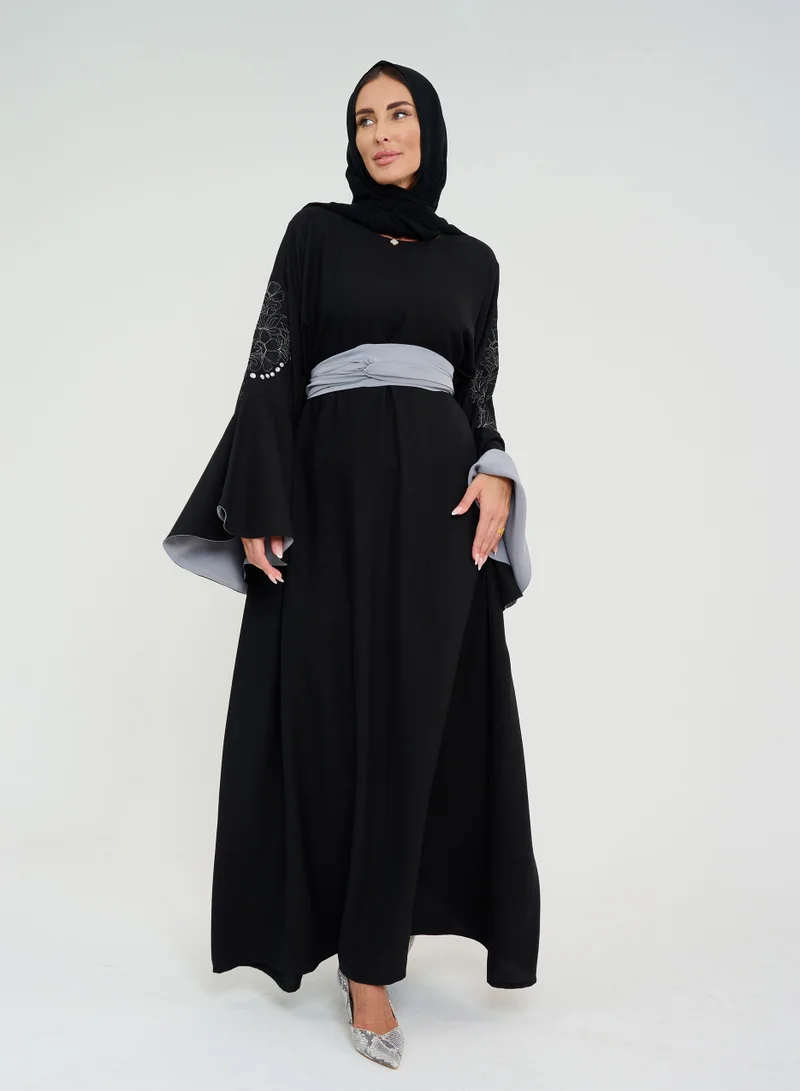 Rosette Abaya French cut Abaya with Flowing sleeves with embroidery