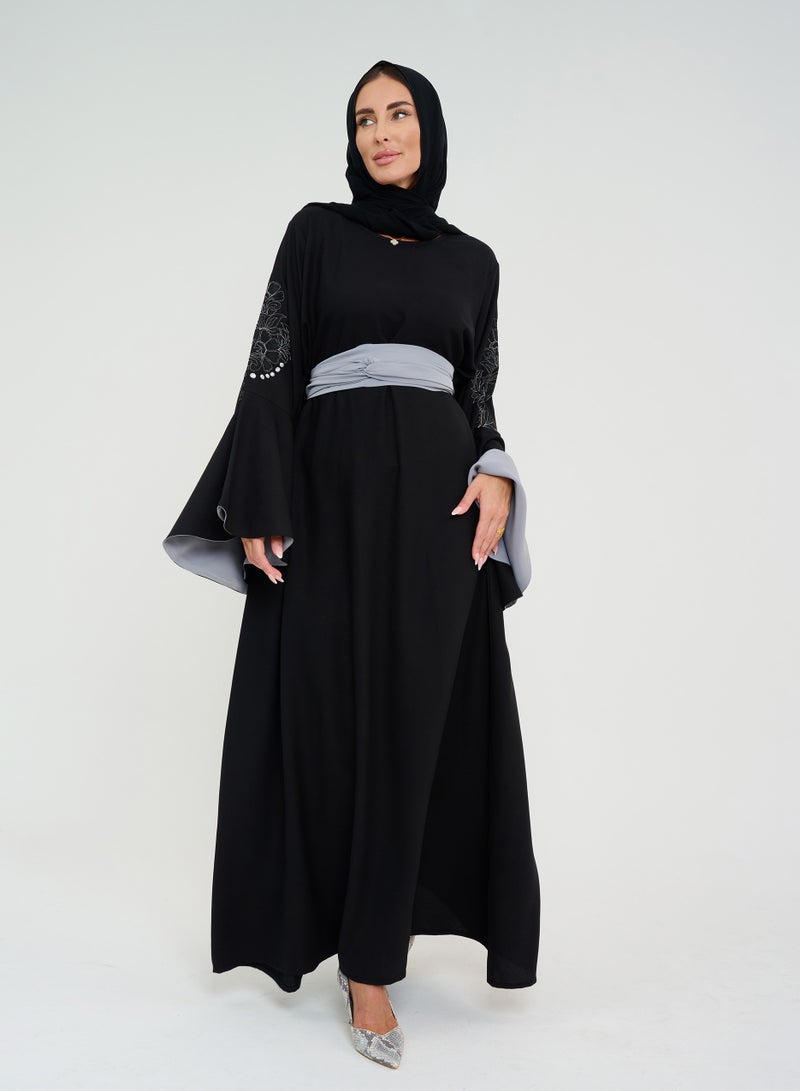 Rosette Abaya French cut Abaya with Flowing sleeves with embroidery  - Image 3