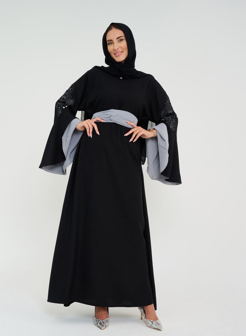 Rosette Abaya French cut Abaya with Flowing sleeves with embroidery  - Image 1