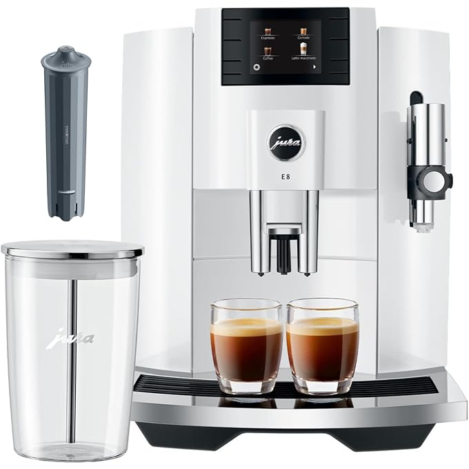 jura E8 Automatic Espresso Machine, 2.8 Inches (White, 3 Items) | 2.8-Inch Color Display, One-Touch Milk Cleaning, Includes Glass Milk Container and Clearyl Smart Plus Water Filter - Image 1
