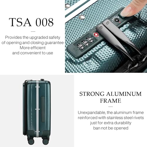 Hanke 20 Inch Carry On Luggage Aluminum Frame Front Opening Rolling Suitcase PC Hard Sided Luggage with Spinner Wheels Travel Luggage for Woman Men Gifts.(Dark Green) - Image 5