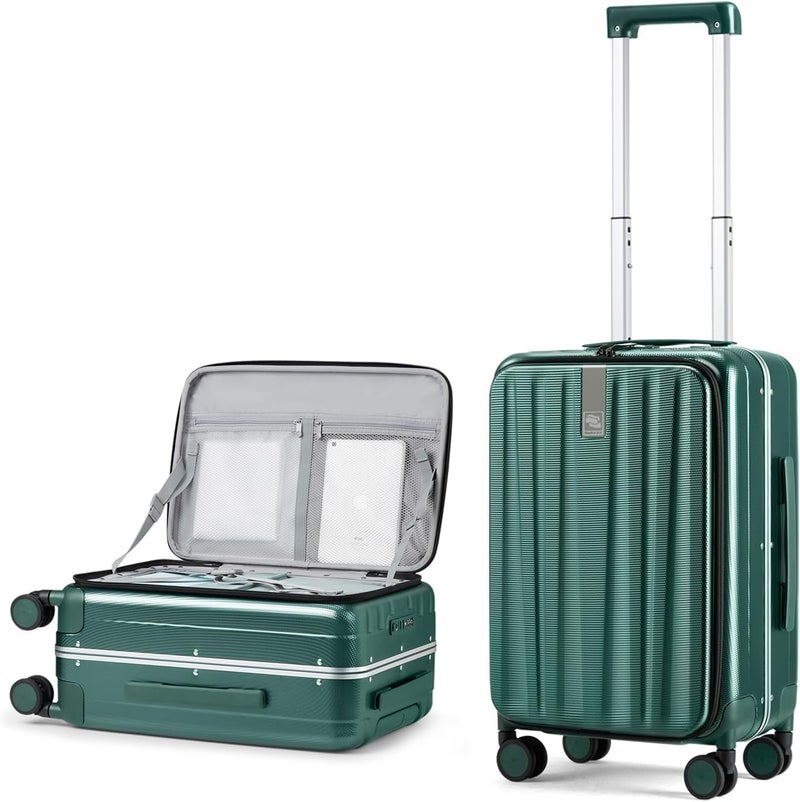 Hanke 20 Inch Carry On Luggage Aluminum Frame Front Opening Rolling Suitcase PC Hard Sided Luggage with Spinner Wheels Travel Luggage for Woman Men Gifts.(Dark Green) - Image 1