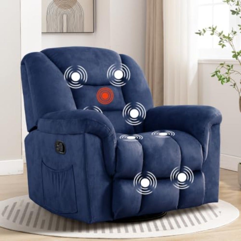 ANJ Manual Rocking Recliner Chair with Massage Heat 360 Swivel Rocker Reclining Chairs for Adults Overstuffed Upholstered Single Recliner Sofa Living Room Bedroom Blue - Image 1
