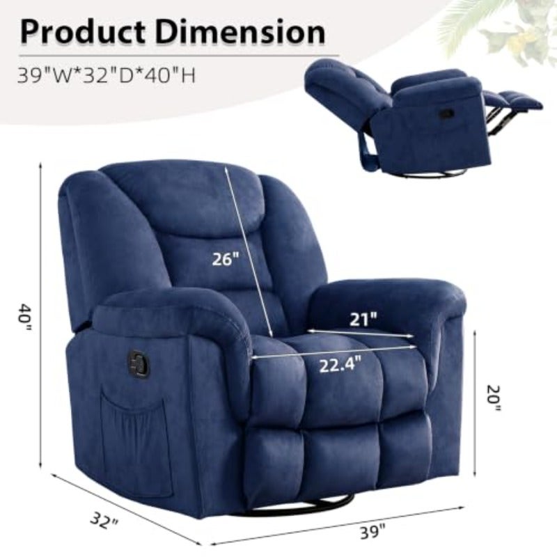 ANJ Manual Rocking Recliner Chair with Massage Heat 360 Swivel Rocker Reclining Chairs for Adults Overstuffed Upholstered Single Recliner Sofa Living Room Bedroom Blue - Image 2