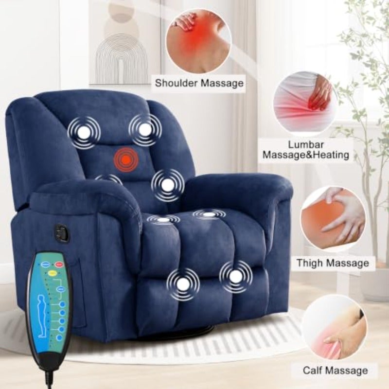 ANJ Manual Rocking Recliner Chair with Massage Heat 360 Swivel Rocker Reclining Chairs for Adults Overstuffed Upholstered Single Recliner Sofa Living Room Bedroom Blue - Image 3