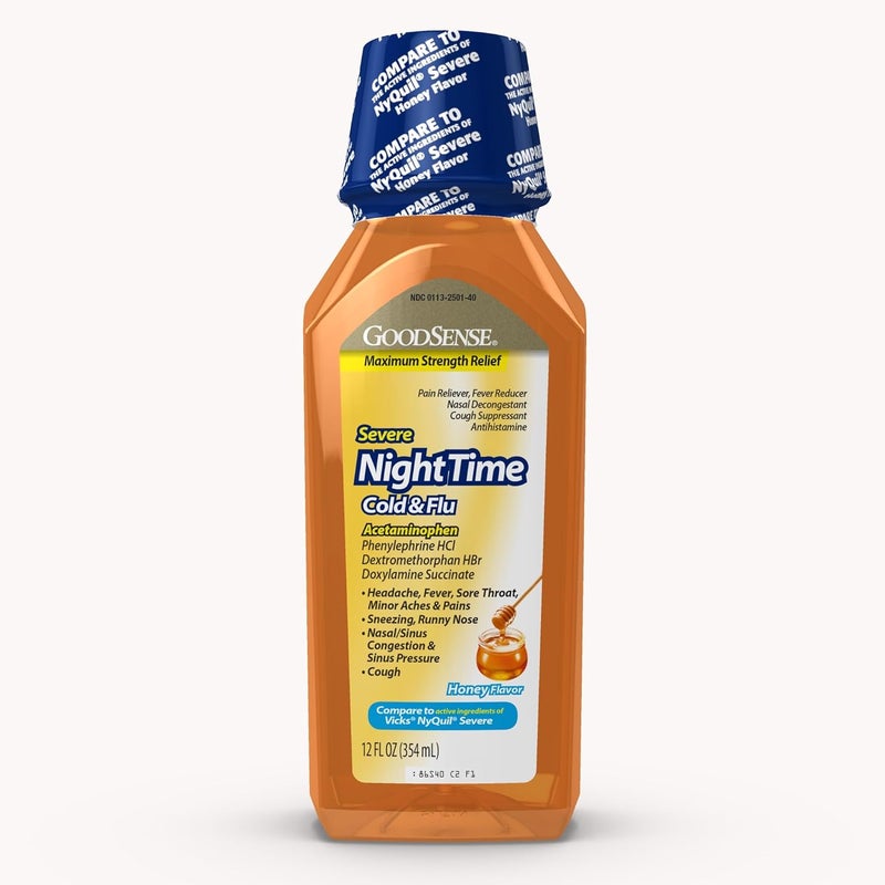 GoodSense Nighttime Honey Flavor Severe Cold and Flu Relief Liquid Medicine 12 Fl Oz - Image 1