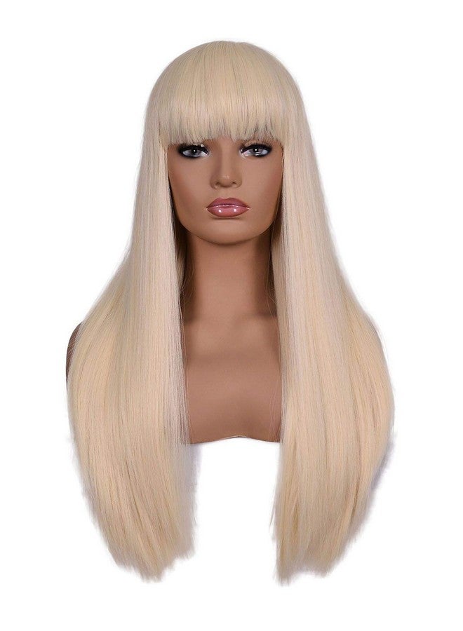 morvally Women'S 26 Inches Long Straight Blonde Synthetic Resistant Hair Wigs With Bangs Natural Looking Wig For Women Halloween Cosplay (Blonde) - Image 1