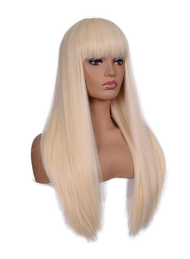 morvally Women'S 26 Inches Long Straight Blonde Synthetic Resistant Hair Wigs With Bangs Natural Looking Wig For Women Halloween Cosplay (Blonde) - Image 3